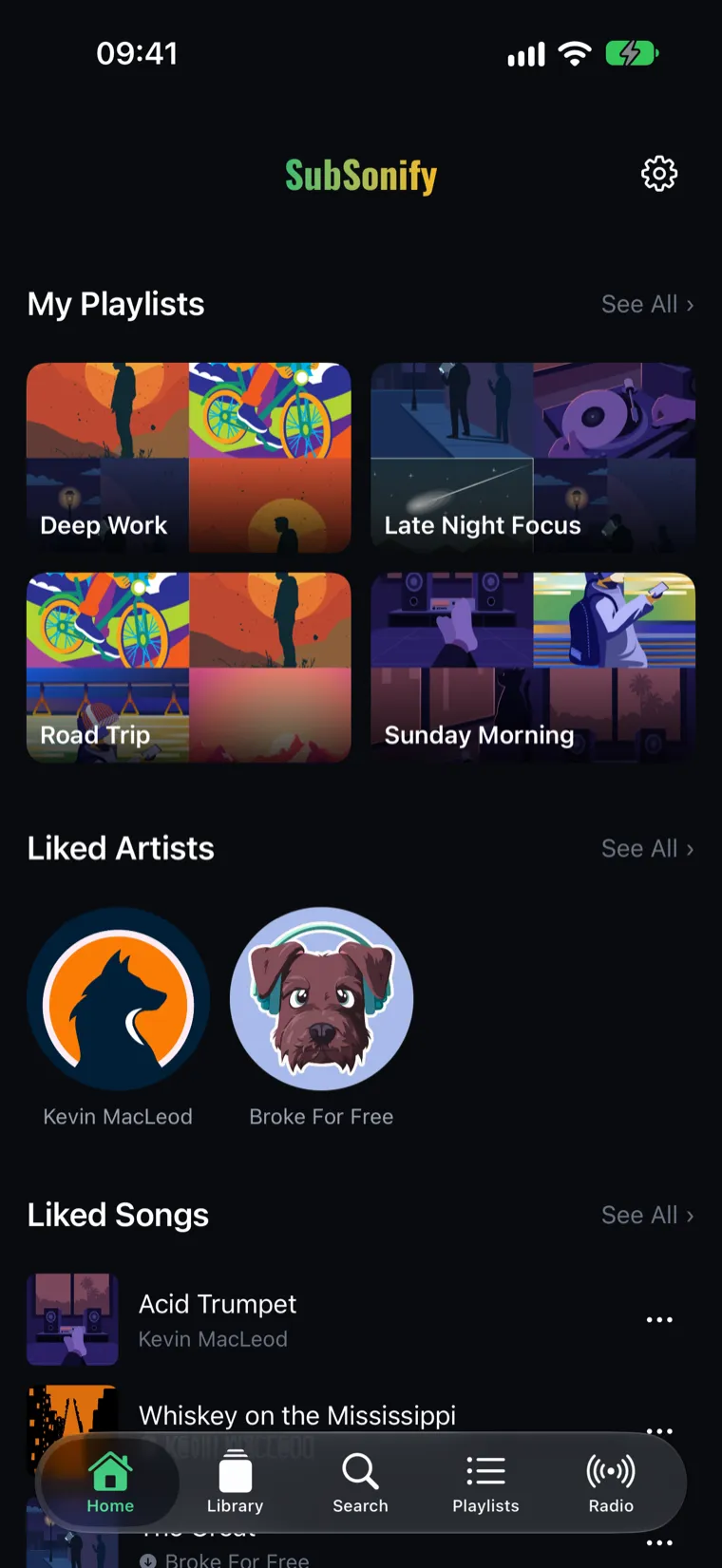 The SubSonify home screen: playlists, liked artists and liked songs